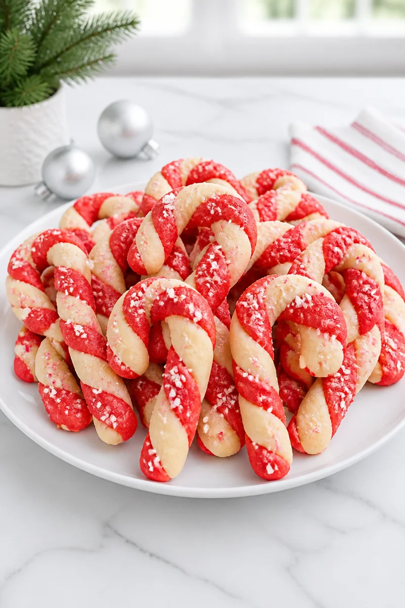 Twisted Candy Cane Cookies decorated for Christmas
