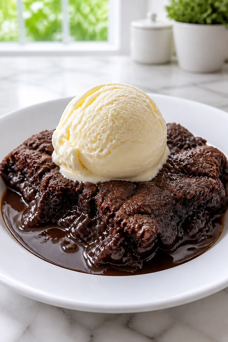 Warm chocolate cobbler served with fudgy sauce in a dessert bowl