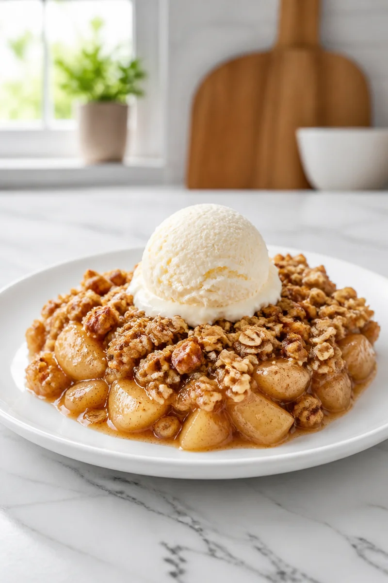 Delicious warm pear crisp with oat topping served in a bowl