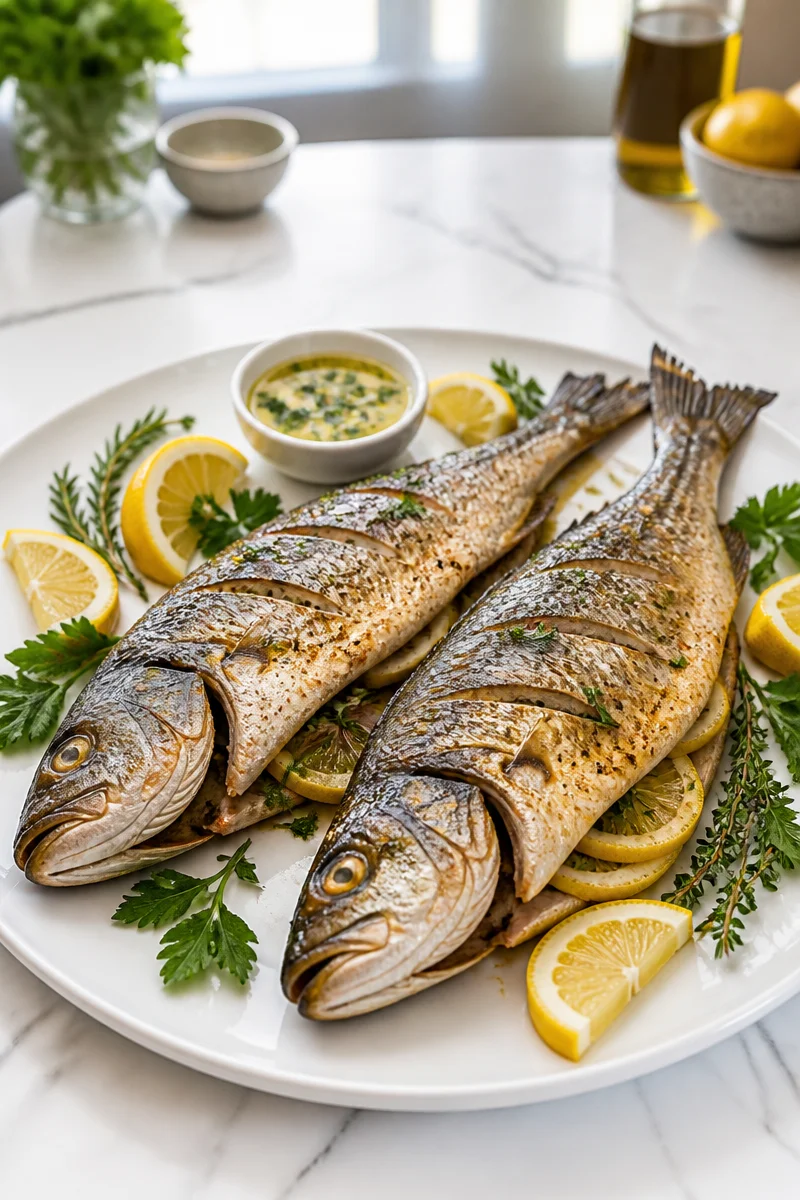Whole roasted branzino with lemon and herbs on a serving platter