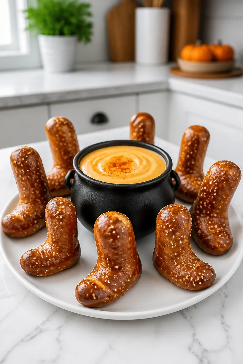 Witch Boot Pretzel Cheese Dip served with pretzels for dipping